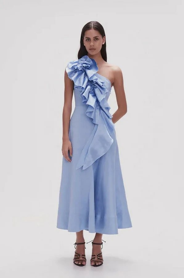 Aje Adelia Ruffle Midi Dress Blue