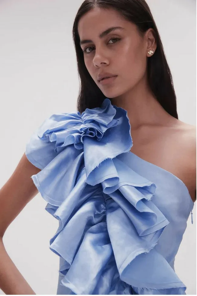 Aje Adelia Ruffle Midi Dress Blue