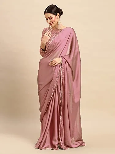 AKHILAM Women's Georgette Solid Saree With Unstitched Blouse Piece (Mauve_GLMP801B)