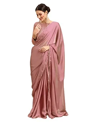 AKHILAM Women's Georgette Solid Saree With Unstitched Blouse Piece (Mauve_GLMP801B)