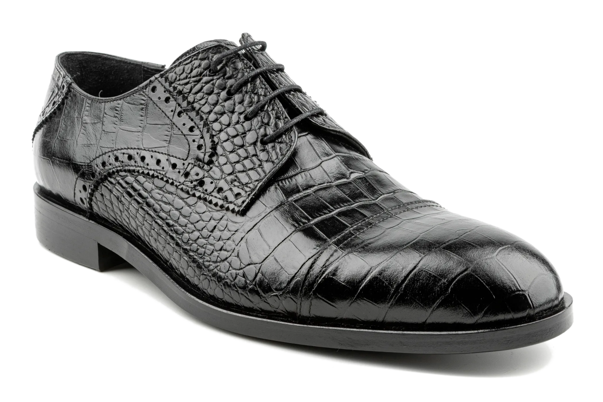 Cap Toe Derby Shoes, Designer Derby Shoes, Crocodile & Iguana Pattern Embossed Calfskin Handmade Dress Shoes for Men, Handmade Leather Sole High Gloss Black Dress Shoes : Taj by Debbano