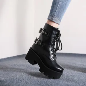 Chunky Platform Combat Boots - Black Lace-Up Goth Style