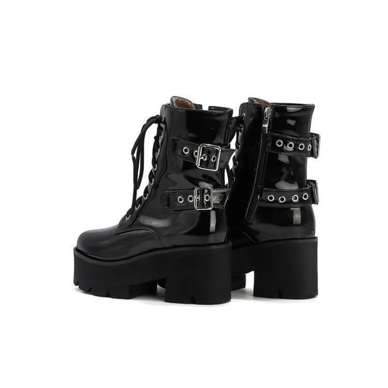 Chunky Platform Combat Boots - Black Lace-Up Goth Style