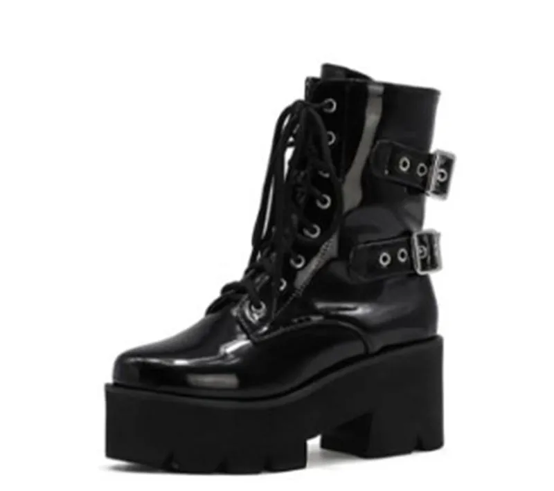 Chunky Platform Combat Boots - Black Lace-Up Goth Style