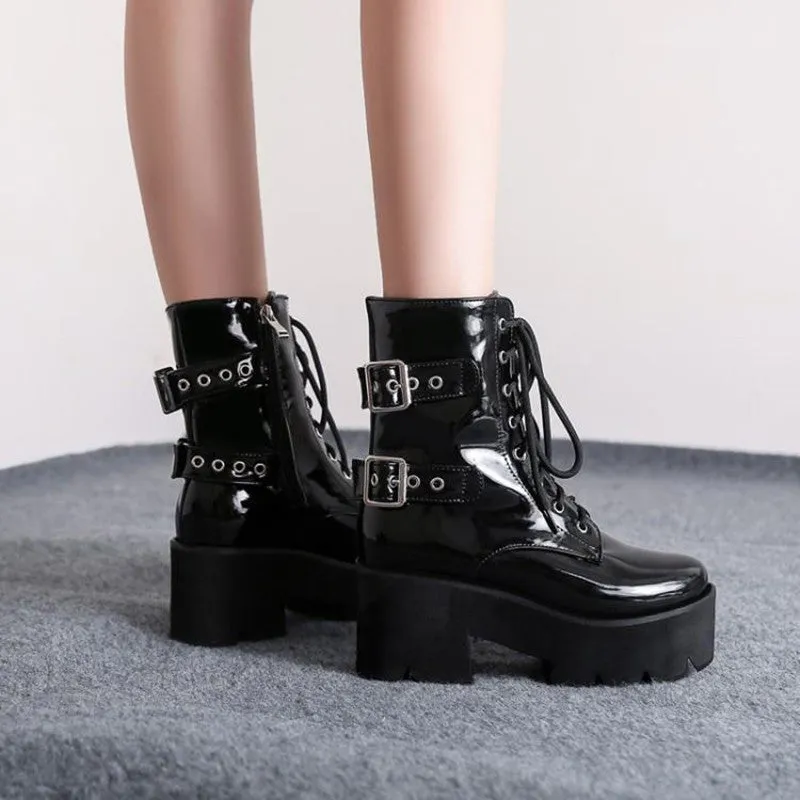 Chunky Platform Combat Boots - Black Lace-Up Goth Style