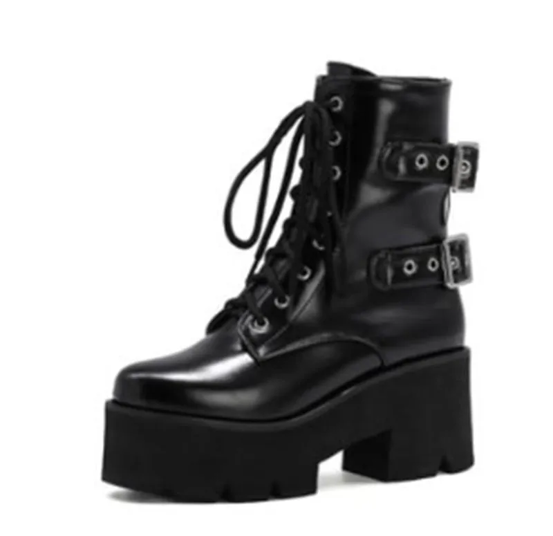 Chunky Platform Combat Boots - Black Lace-Up Goth Style