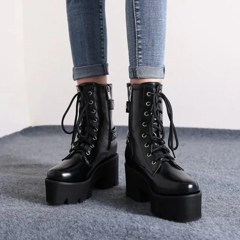 Chunky Platform Combat Boots - Black Lace-Up Goth Style