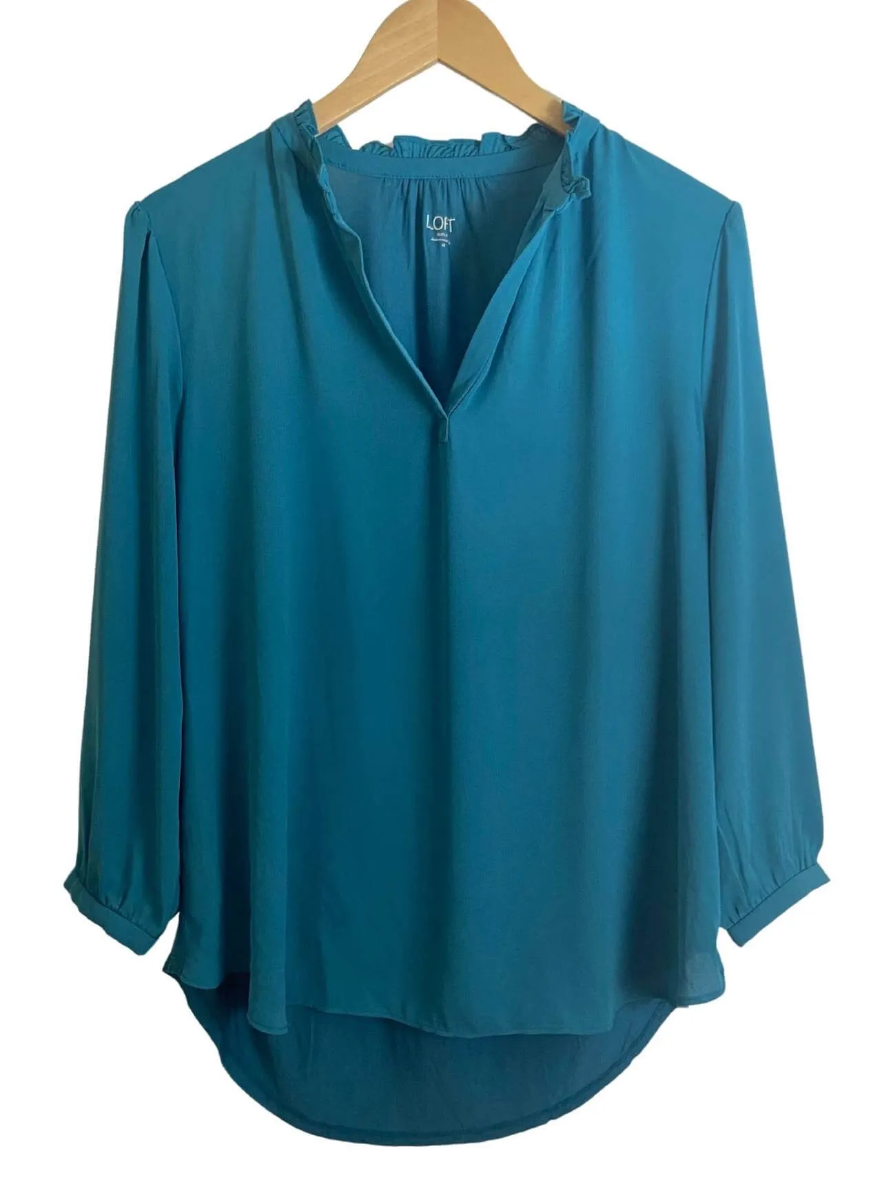 Cool Summer Teal Ruffle Neck Blouse