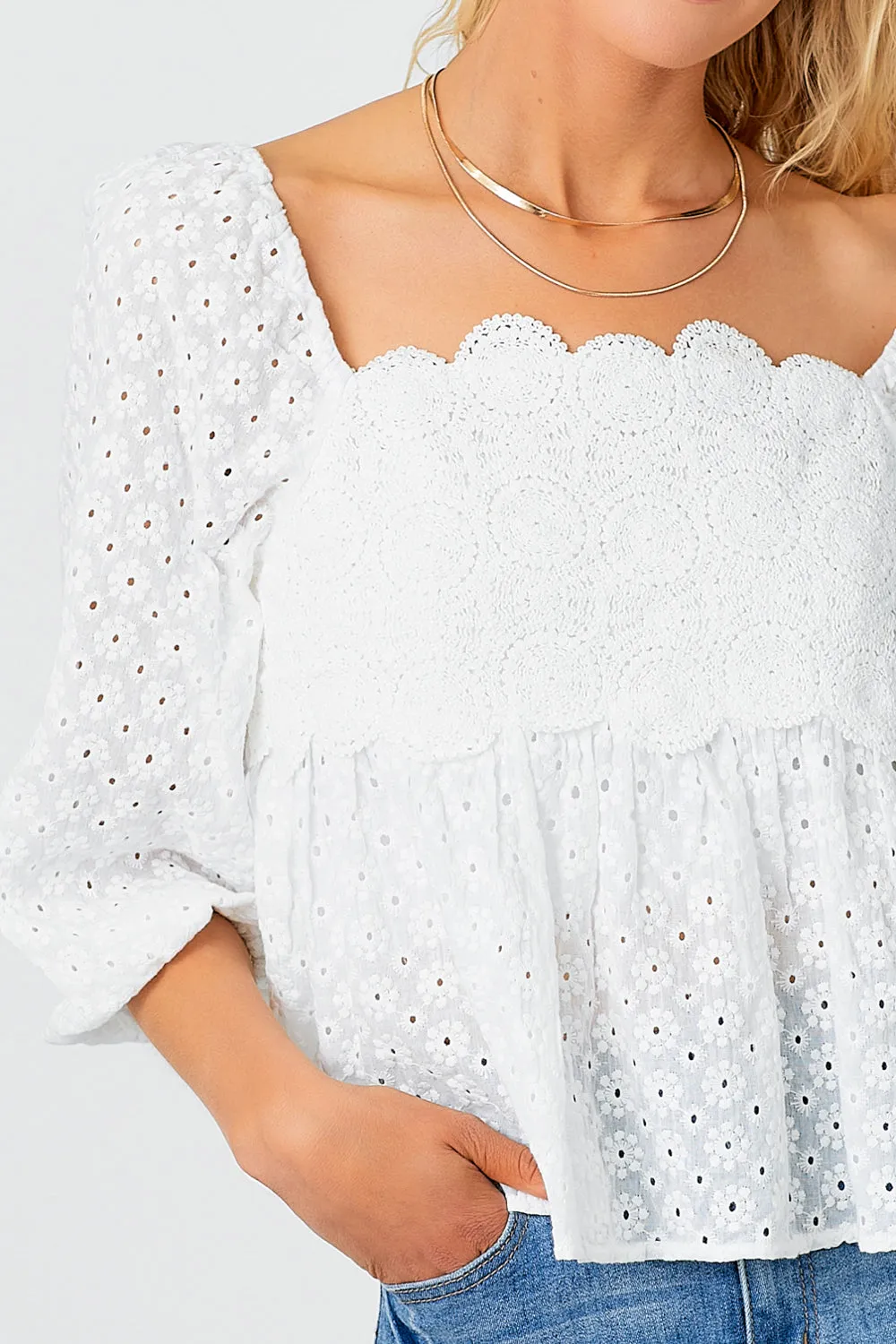 Crochet Lace Puff Sleeve Blouse