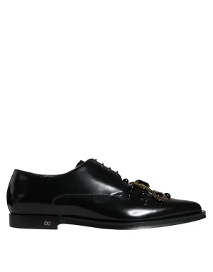 Dolce & Gabbana Black Leather Crystal Lace Up Formal Shoes