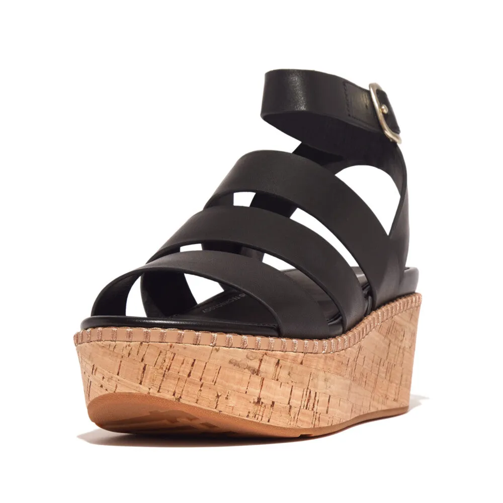 Fitflop Eloise Leather Cork Strappy Wedge Sandals Black