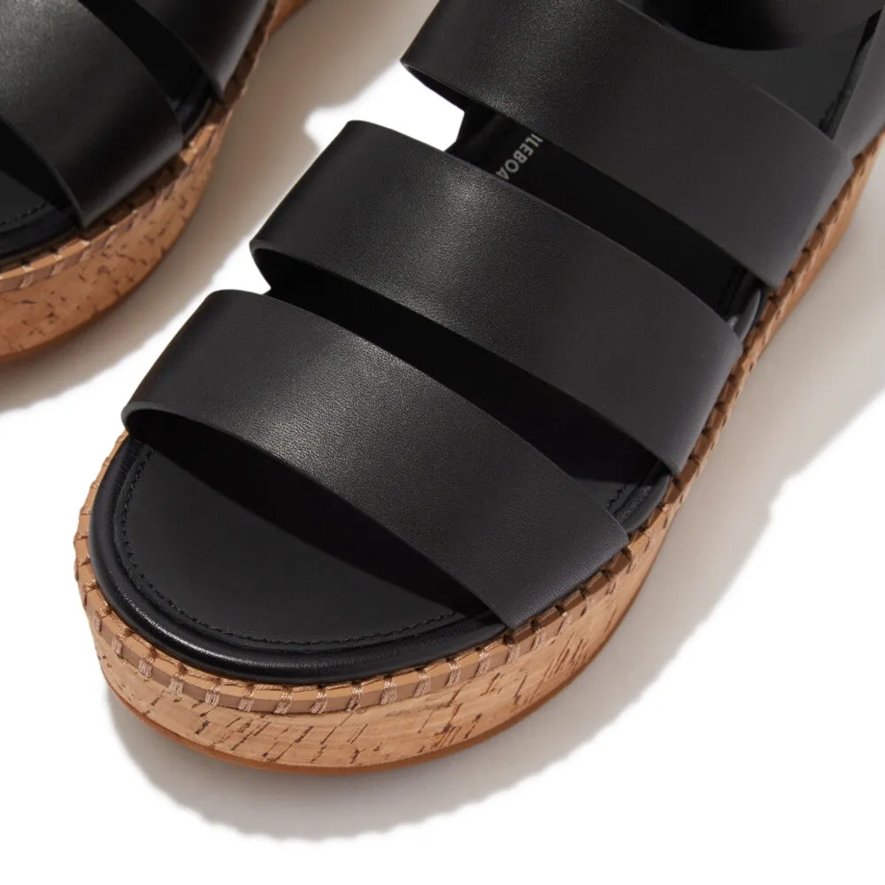 Fitflop Eloise Leather Cork Strappy Wedge Sandals Black