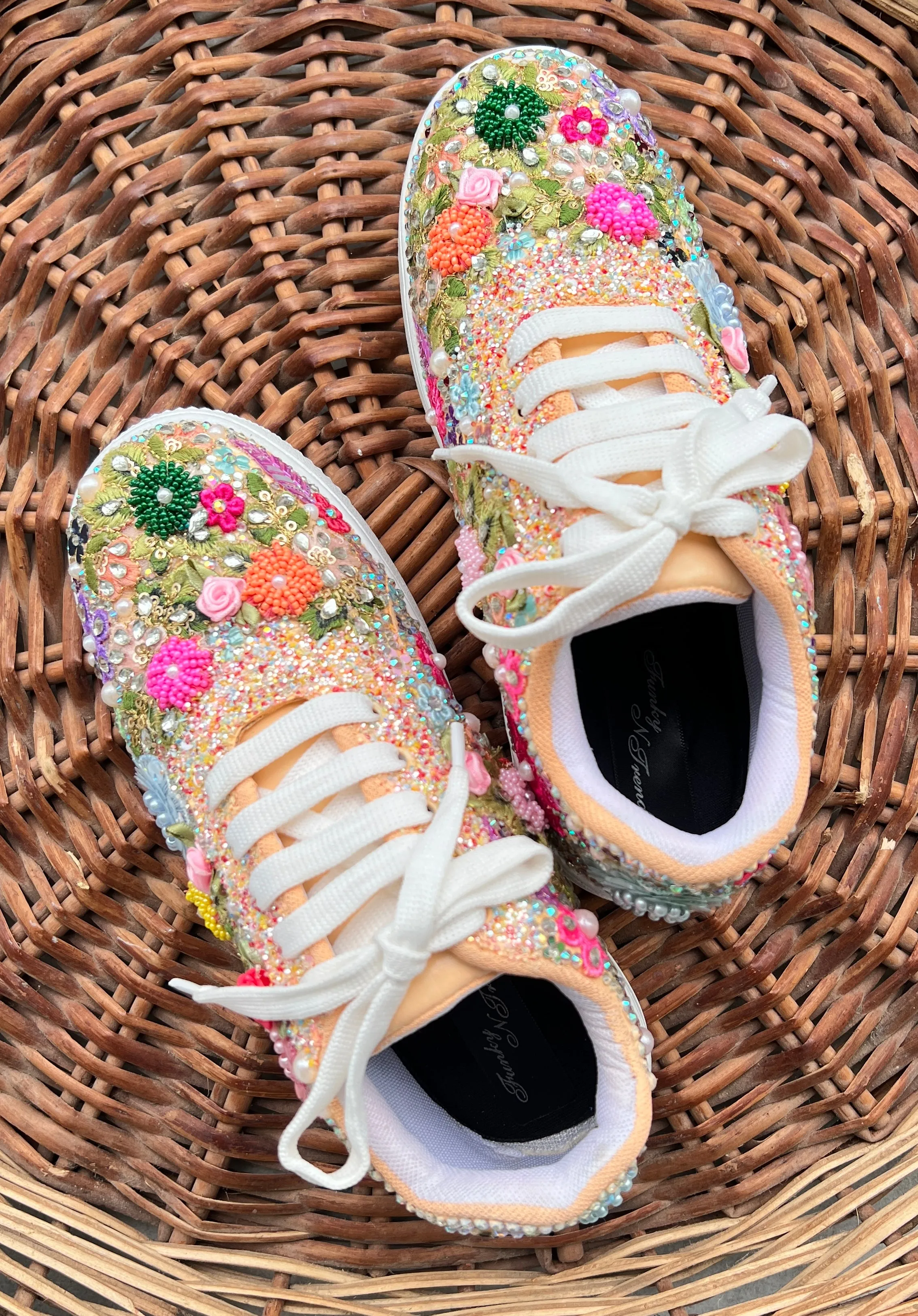 Funky N Trendy Couple sneakers/ bridal sneakers / groom sneakers/ floral sneakers / floral shoes/funky sneakers funky shoes/ bride shoes/ groom shoes / couple shoes/floral sneakers/ multi colored embroidered sneakers