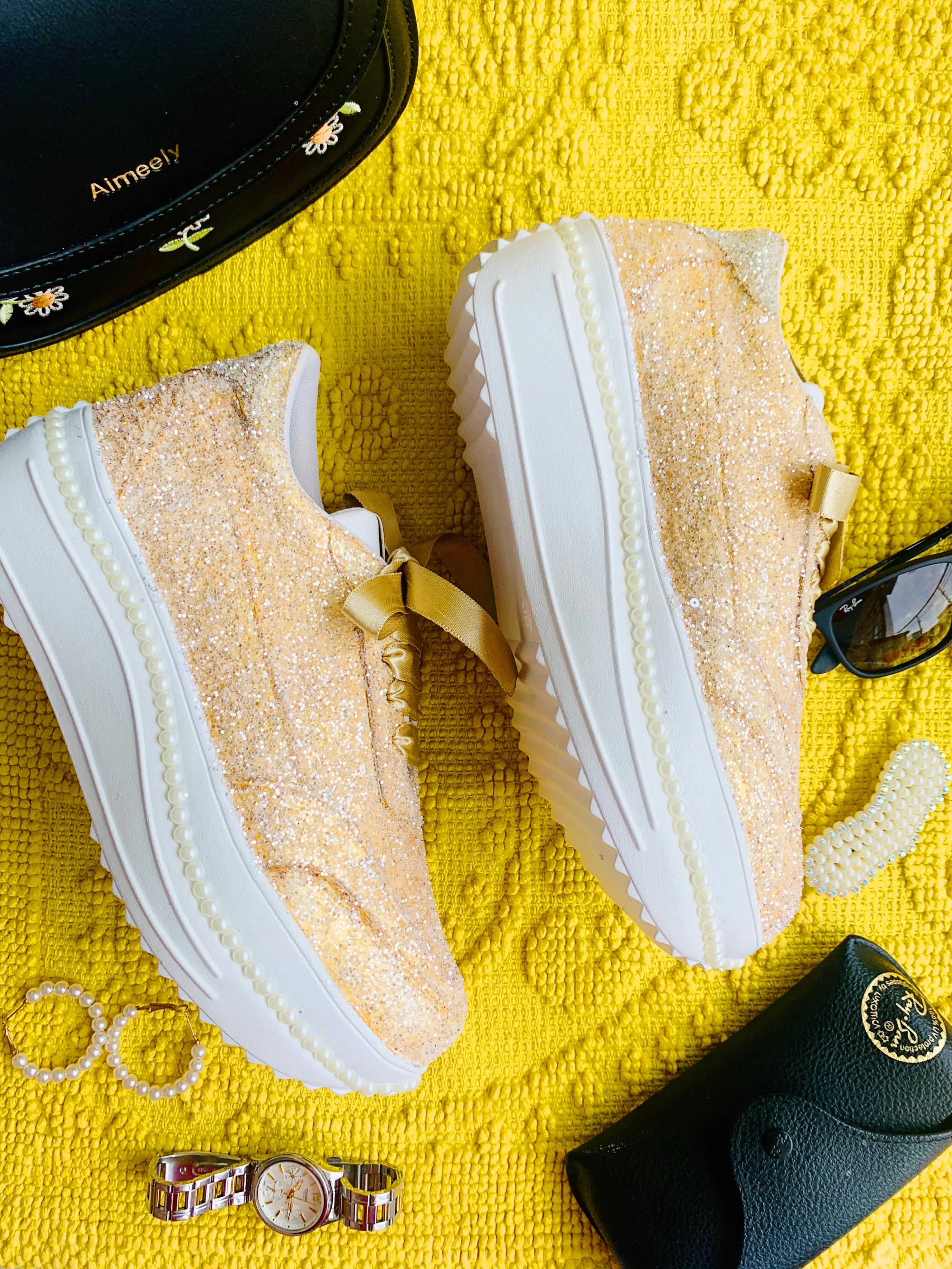 FUNKY N TRENDY dull gold glitter heeled sneakers with pearl detailing for brides /bridesmaids / sneakers for bridesmaids/ handcrafted sneakers/ glitter sneakers / bridal sneakers / bridesmaid sneakers/ gold sneakers / golden shoes