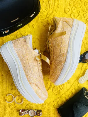 FUNKY N TRENDY dull gold glitter heeled sneakers with pearl detailing for brides /bridesmaids / sneakers for bridesmaids/ handcrafted sneakers/ glitter sneakers / bridal sneakers / bridesmaid sneakers/ gold sneakers / golden shoes