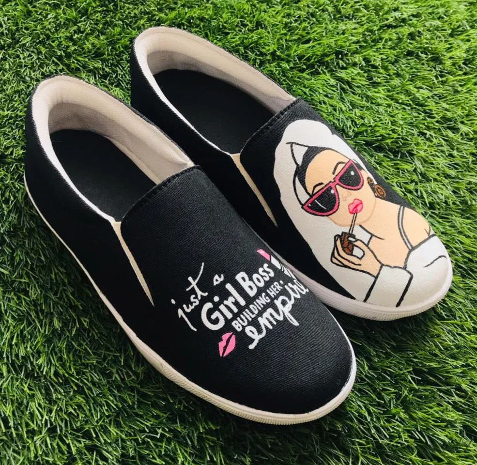 Funky N Trendy hand painted water resistant Girl Boss theme black shoes/ boss lady shoes / black shoes / funky shoes