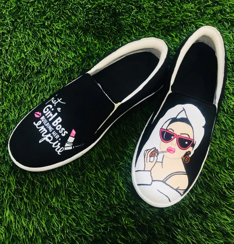 Funky N Trendy hand painted water resistant Girl Boss theme black shoes/ boss lady shoes / black shoes / funky shoes