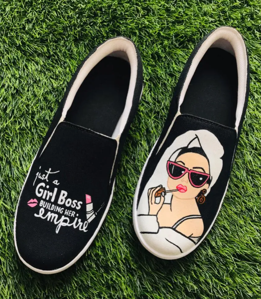 Funky N Trendy hand painted water resistant Girl Boss theme black shoes/ boss lady shoes / black shoes / funky shoes