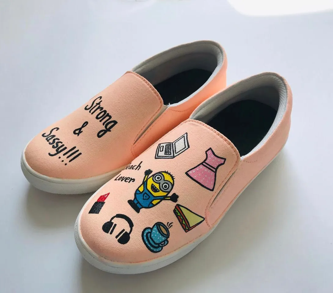 Funky N Trendy hand painted water resistant Strong and Sassy slip on shoes/ handpainted shoes/ women shoes / funky shoes/ blue shoes / funky handpainted shoes/ peach shoes