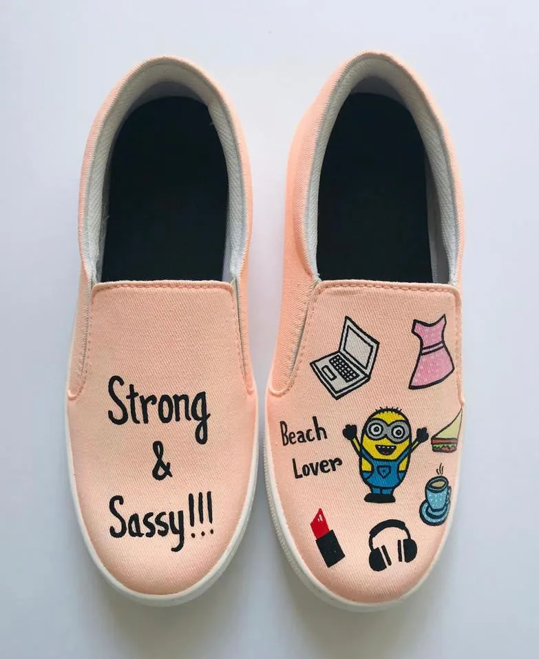 Funky N Trendy hand painted water resistant Strong and Sassy slip on shoes/ handpainted shoes/ women shoes / funky shoes/ blue shoes / funky handpainted shoes/ peach shoes