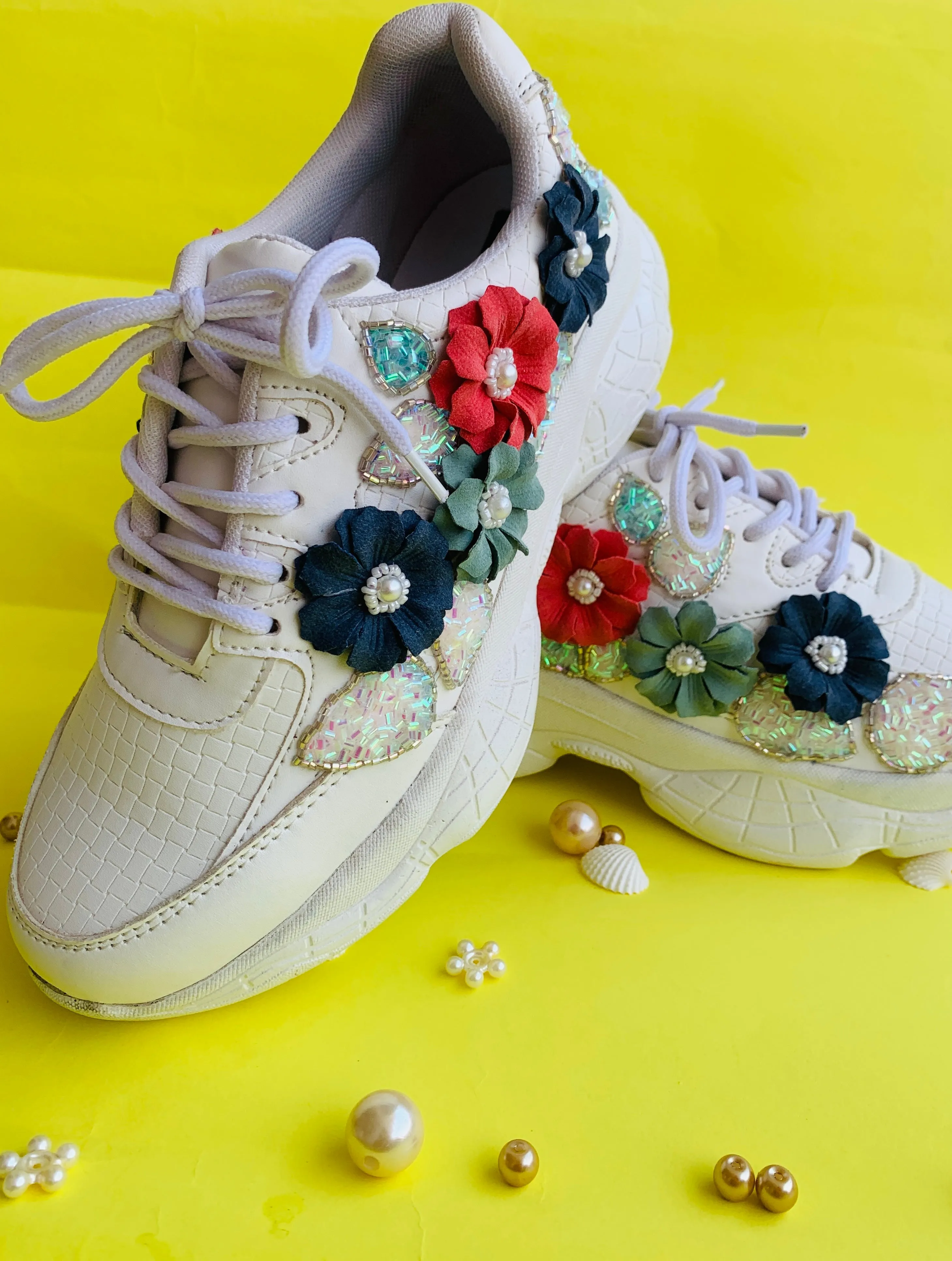 Funky N Trendy white floral work sneakers with pearl detailing / bridal sneakers/ sneaker for bride / white sneakers/ floral sneakers for bride