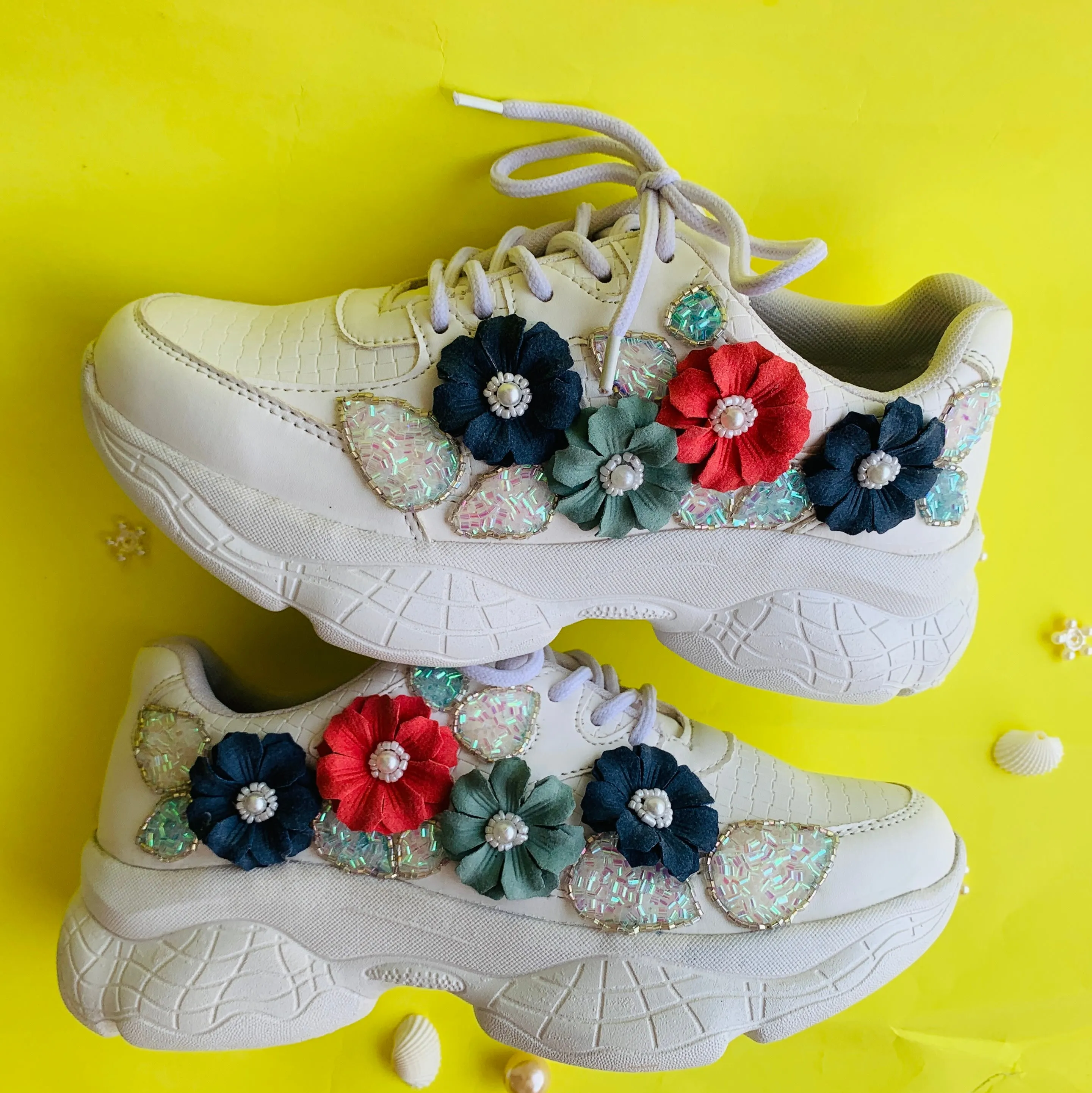 Funky N Trendy white floral work sneakers with pearl detailing / bridal sneakers/ sneaker for bride / white sneakers/ floral sneakers for bride