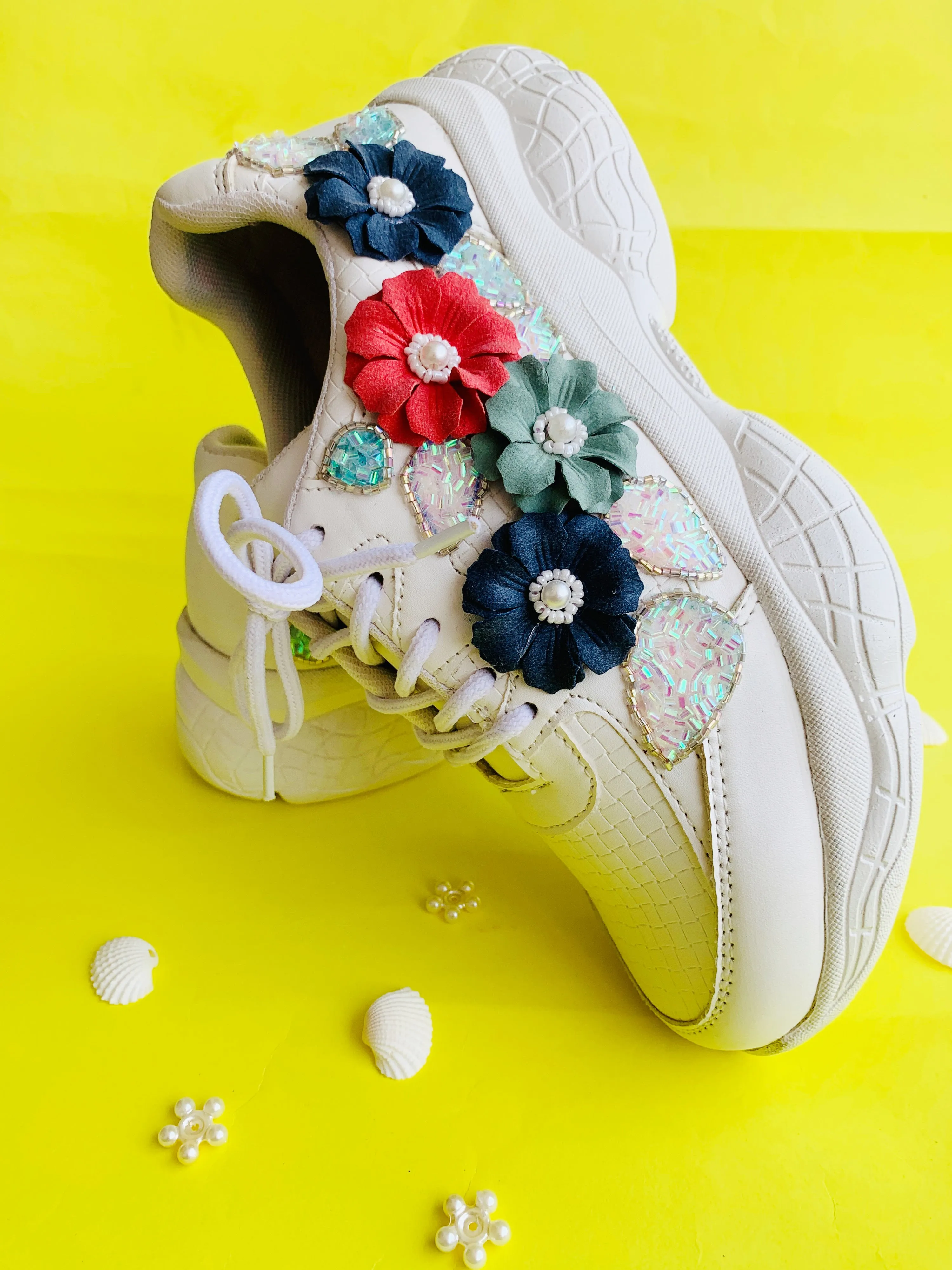 Funky N Trendy white floral work sneakers with pearl detailing / bridal sneakers/ sneaker for bride / white sneakers/ floral sneakers for bride