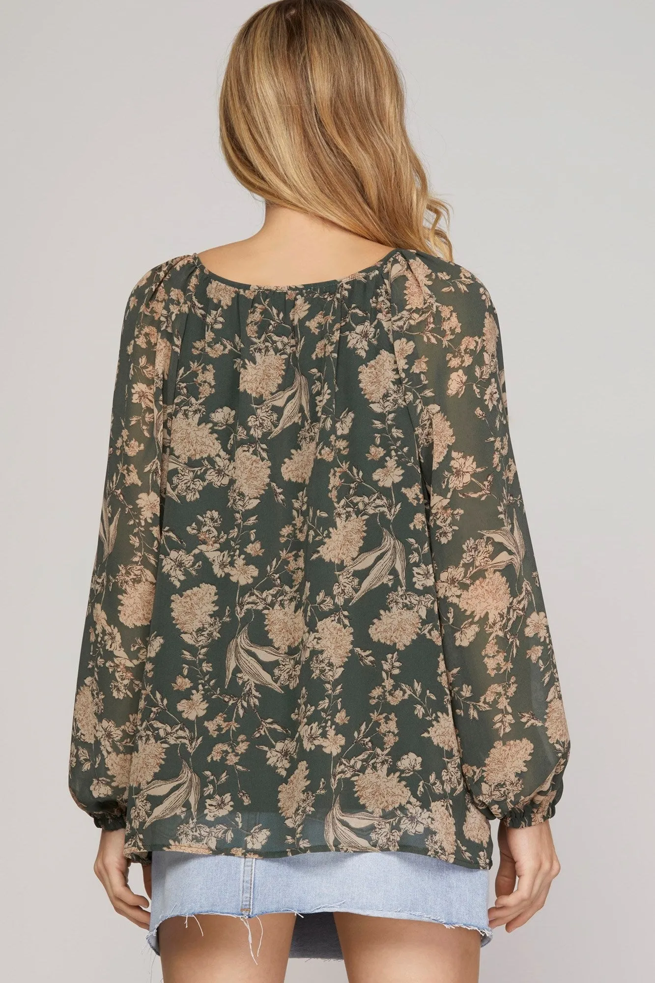 Green Floral Tie Neck Blouse - FINAL SALE