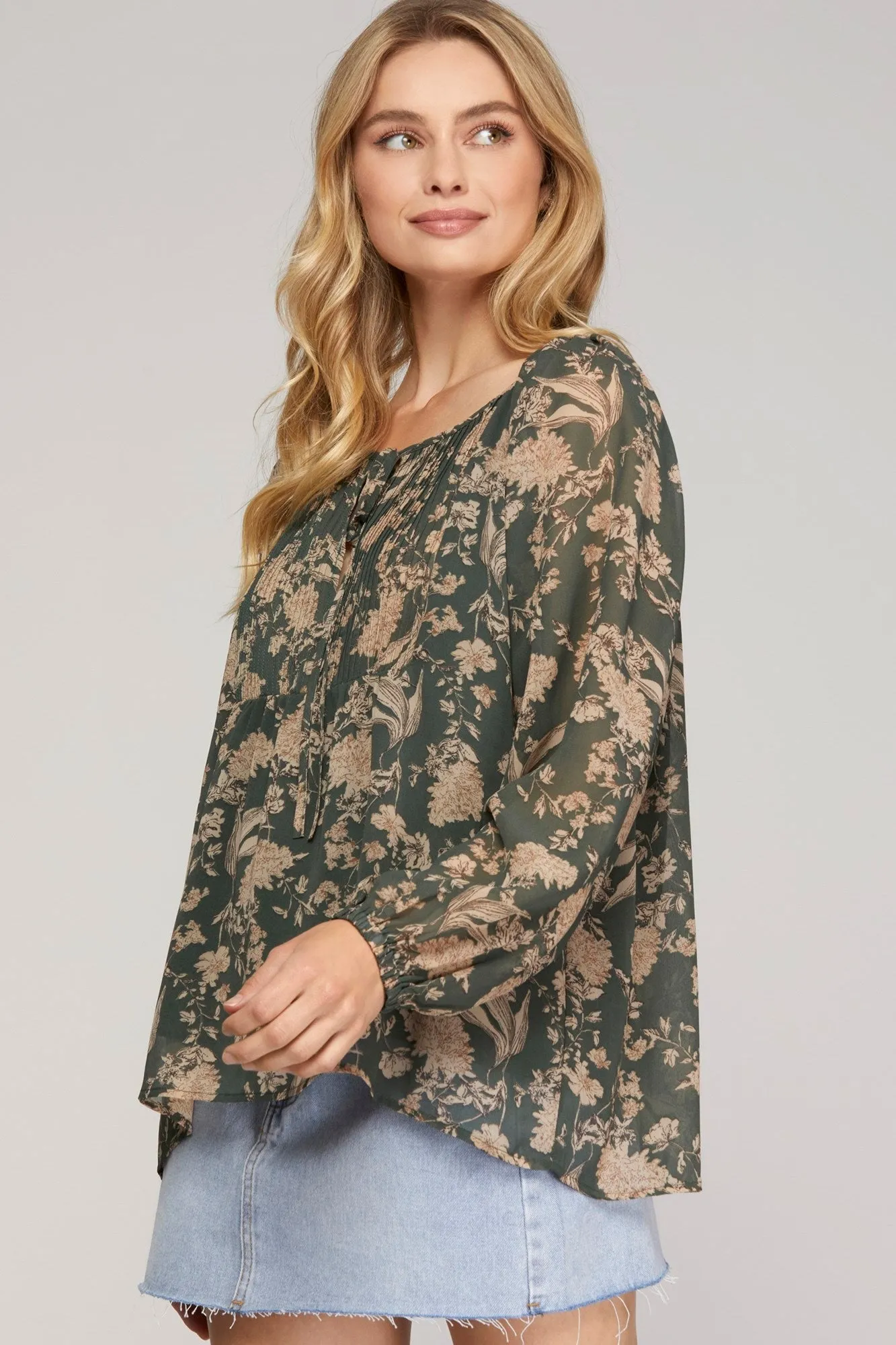 Green Floral Tie Neck Blouse - FINAL SALE