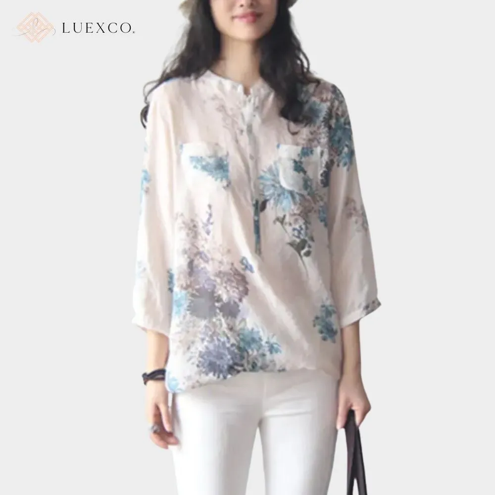 Luexco Floral Linen Top 3/4 Sleeve Top Lightweight