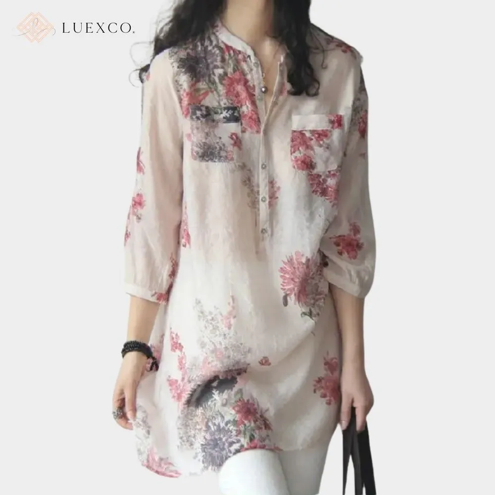 Luexco Floral Linen Top 3/4 Sleeve Top Lightweight