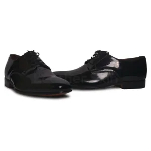 Men Black Glossy Patent Derby Genuine Leather Shoes with Laces