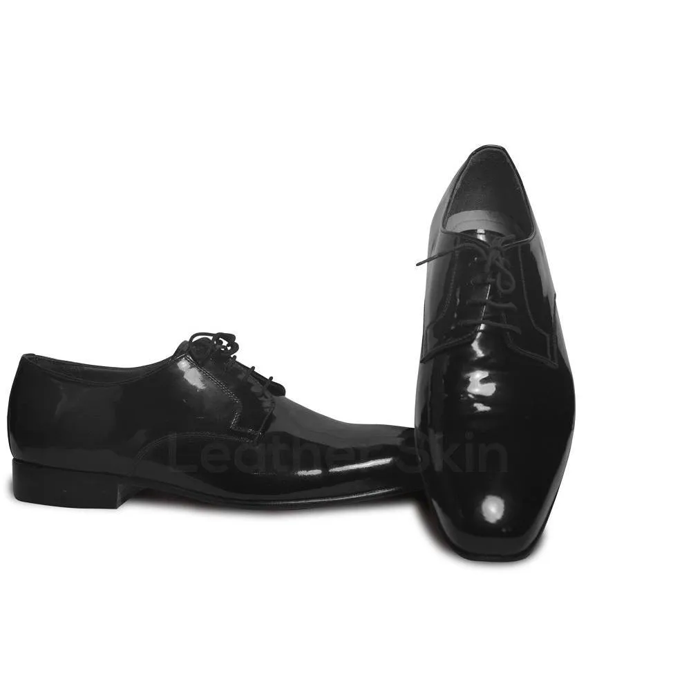 Men Black Glossy Patent Derby Genuine Leather Shoes with Laces