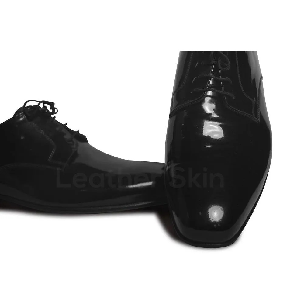 Men Black Glossy Patent Derby Genuine Leather Shoes with Laces