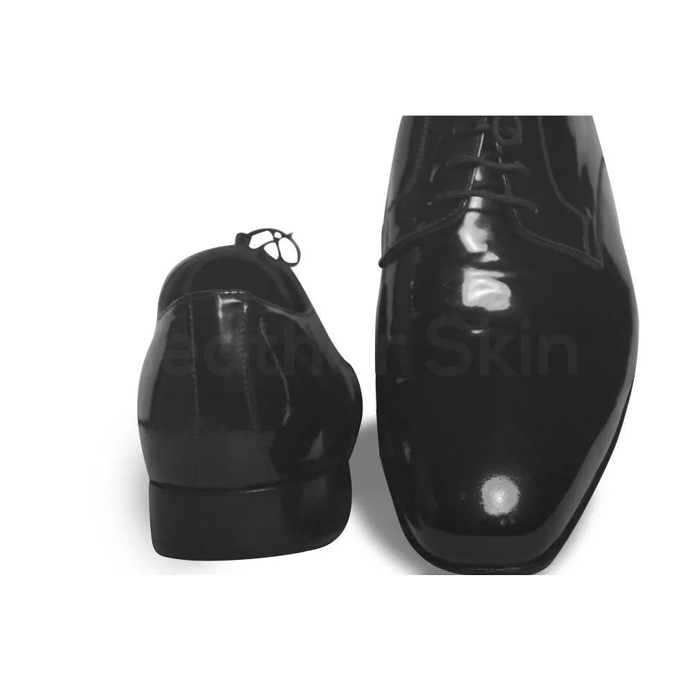 Men Black Glossy Patent Derby Genuine Leather Shoes with Laces