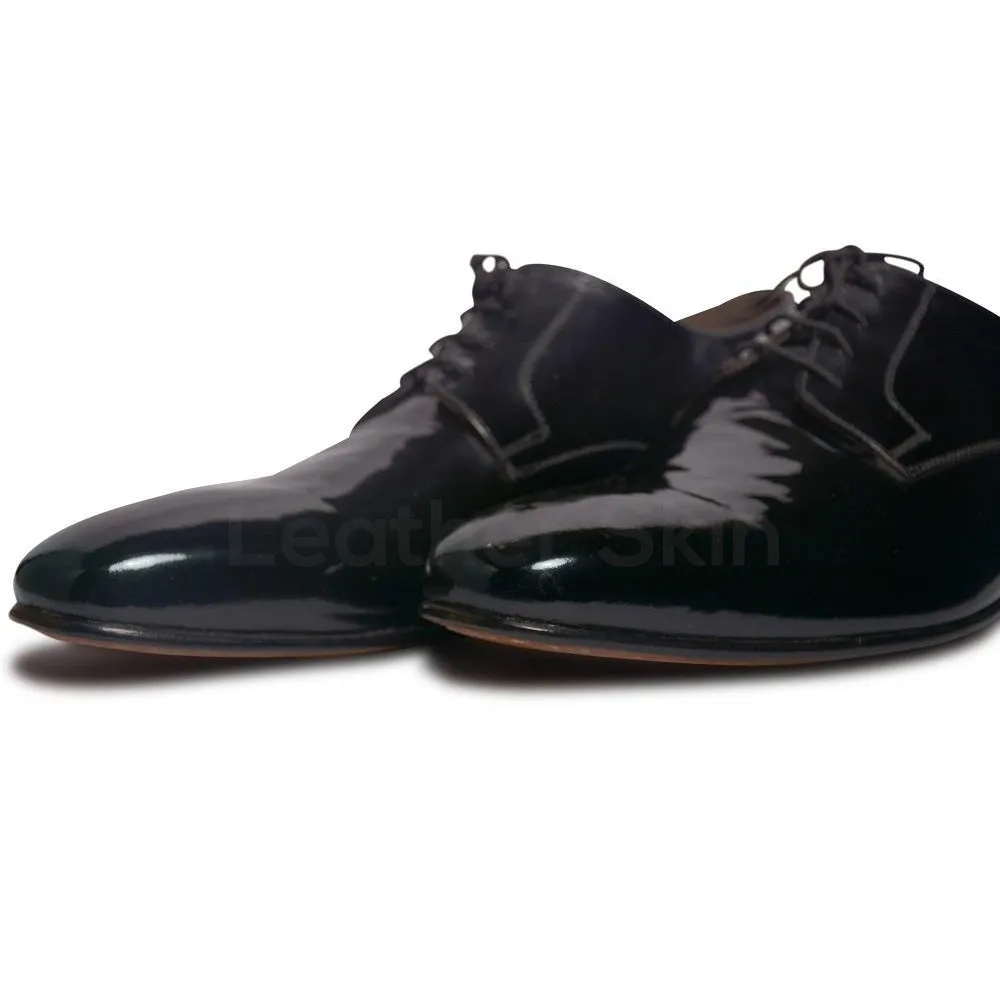 Men Black Glossy Patent Derby Genuine Leather Shoes with Laces