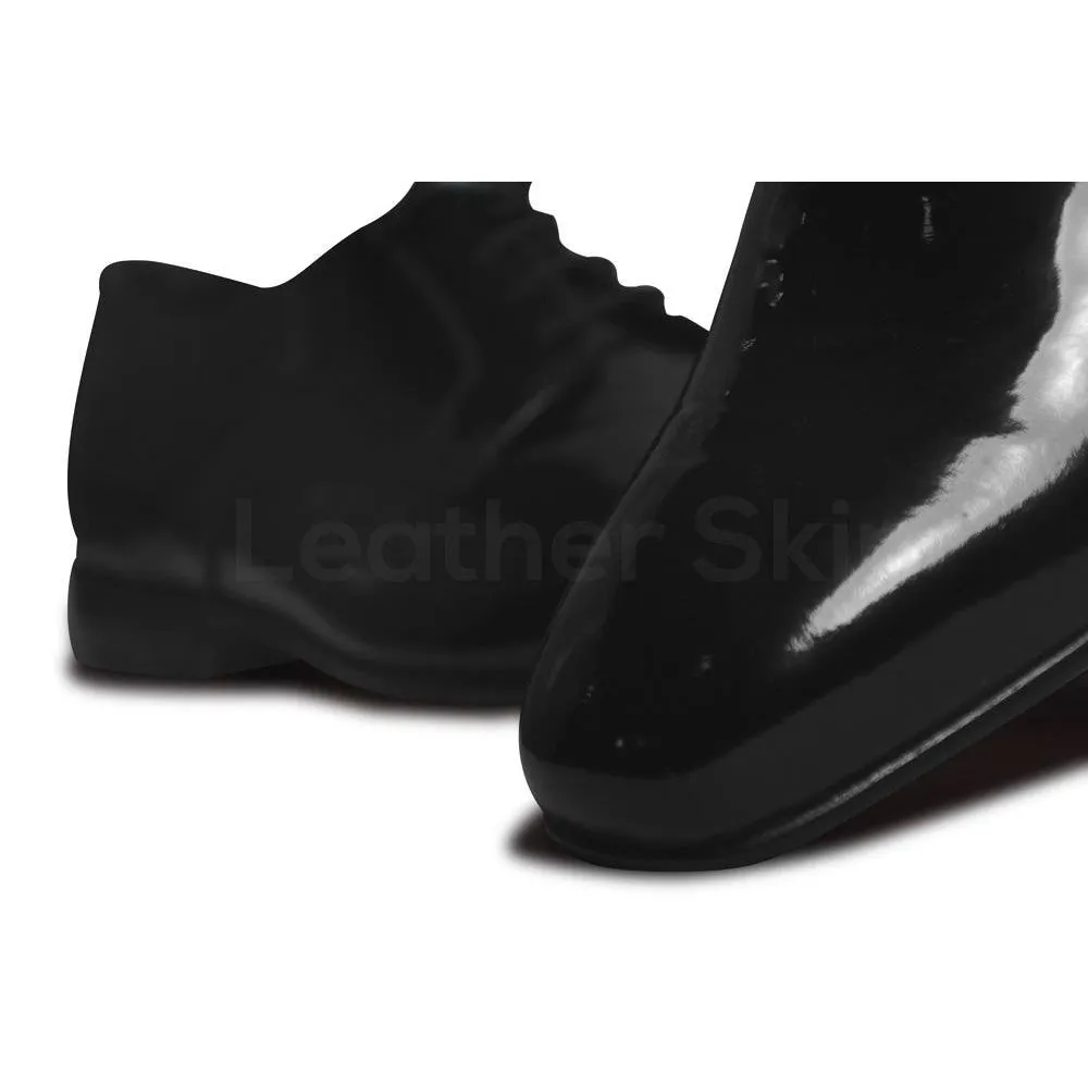 Men Black Glossy Patent Derby Genuine Leather Shoes with Laces