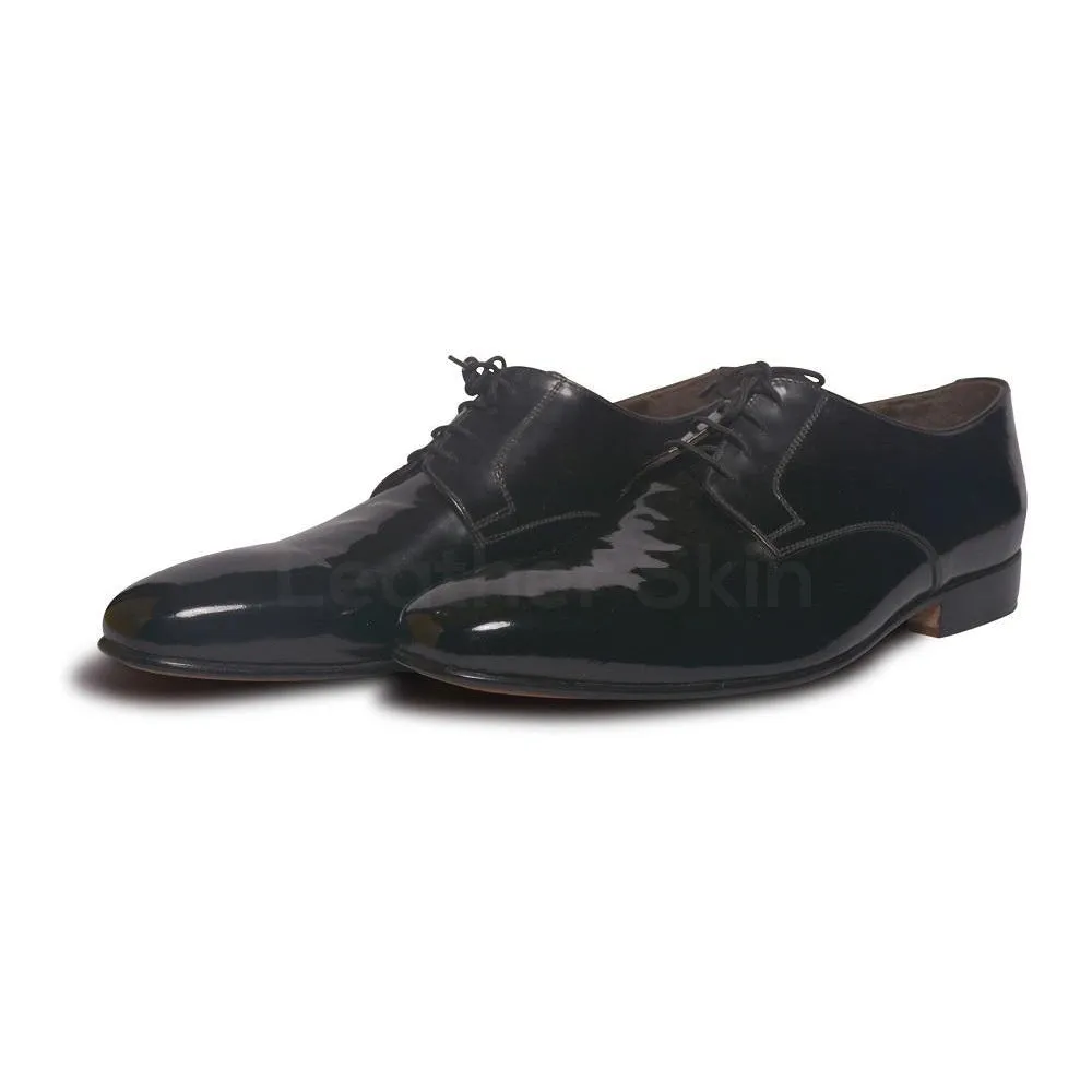 Men Black Glossy Patent Derby Genuine Leather Shoes with Laces