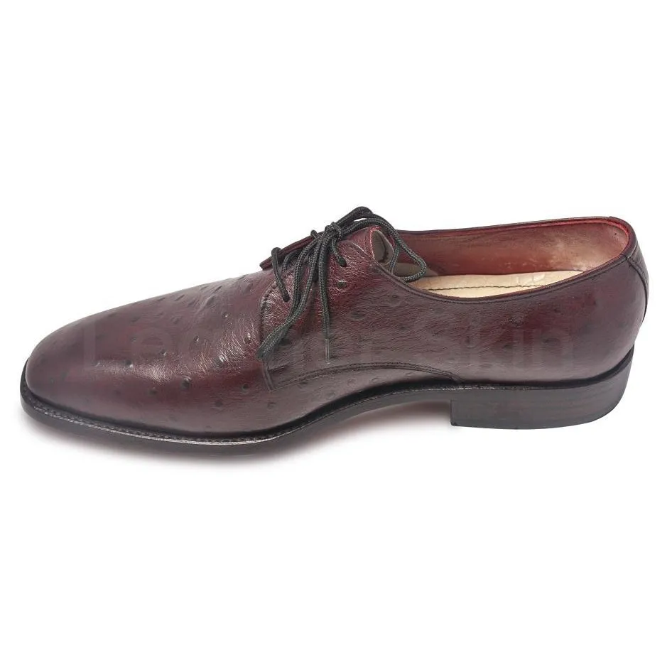 Men Red Maroon Ostrich Pattern Derby Leather Shoes