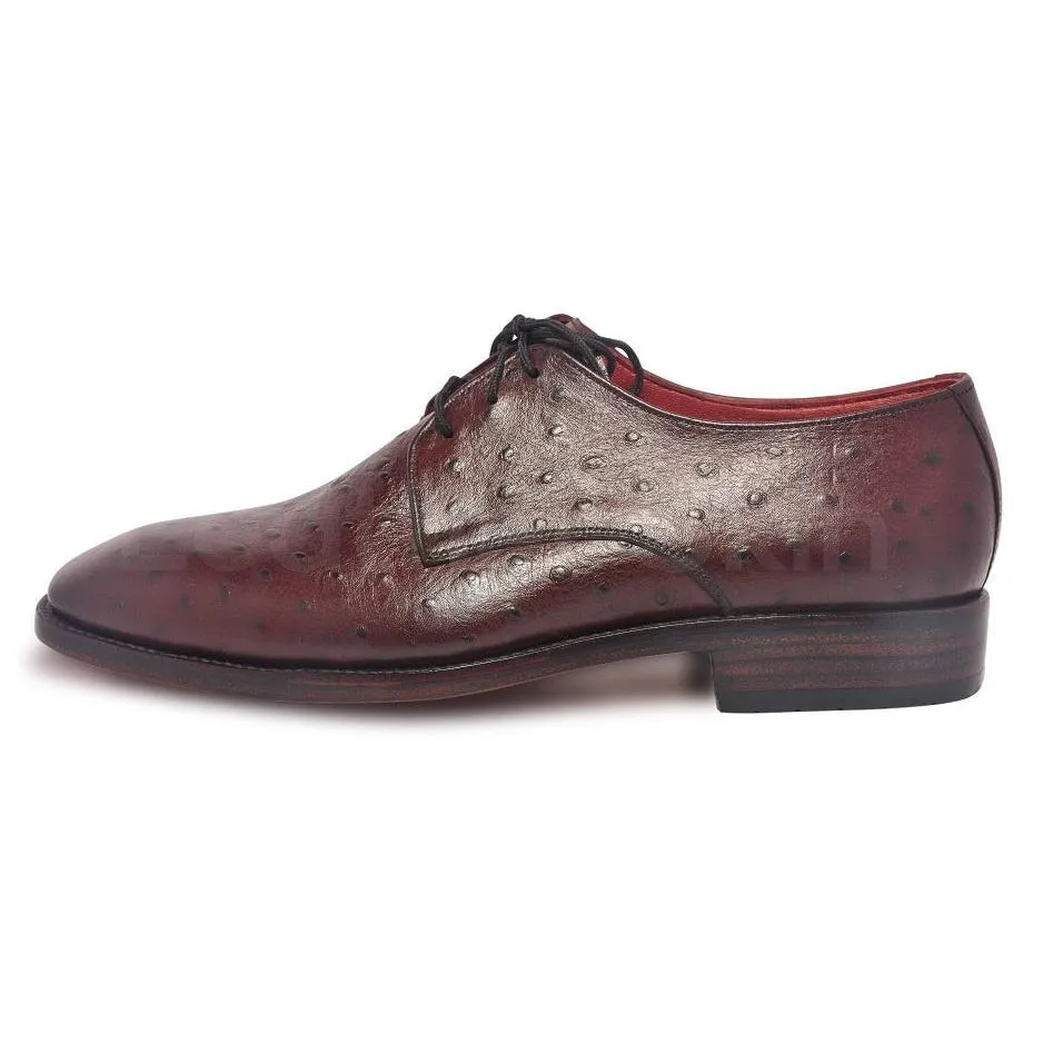 Men Red Maroon Ostrich Pattern Derby Leather Shoes