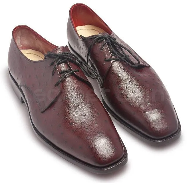 Men Red Maroon Ostrich Pattern Derby Leather Shoes