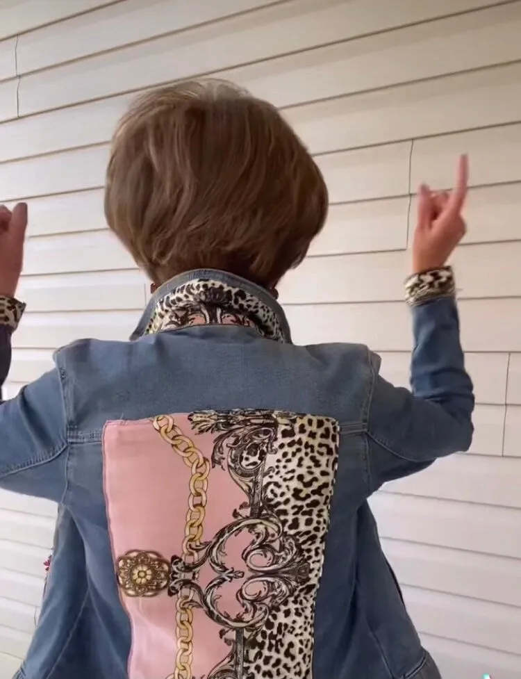 Pale Pink Leopard Love Denim Jacket