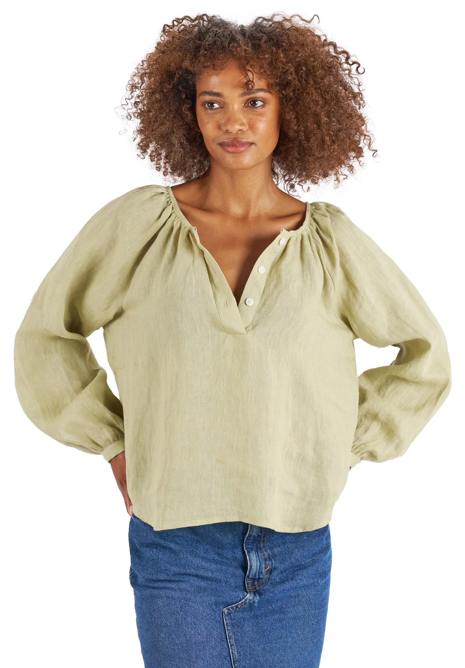 Poem Sage Green Peasant Linen Blouse