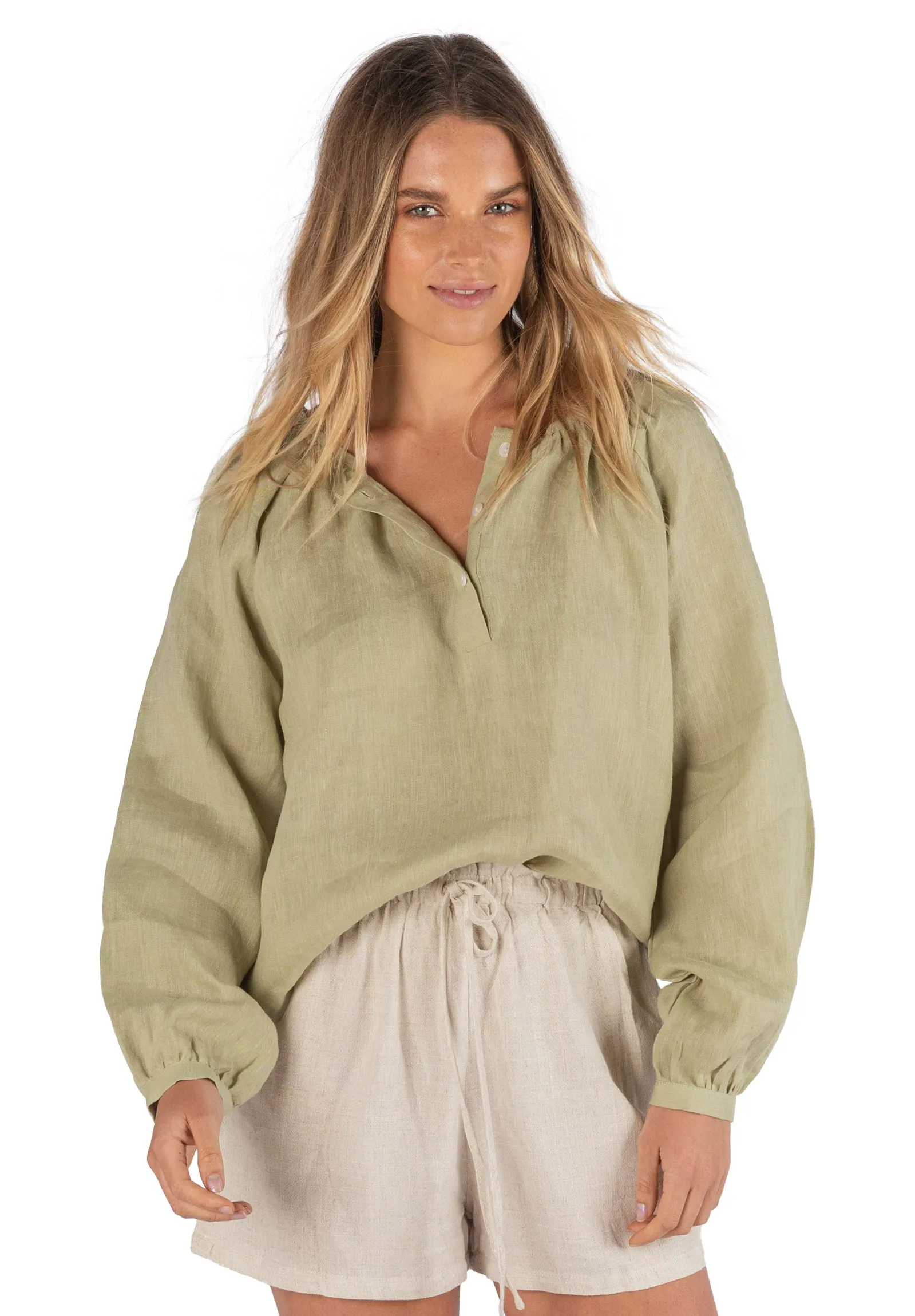 Poem Sage Green Peasant Linen Blouse