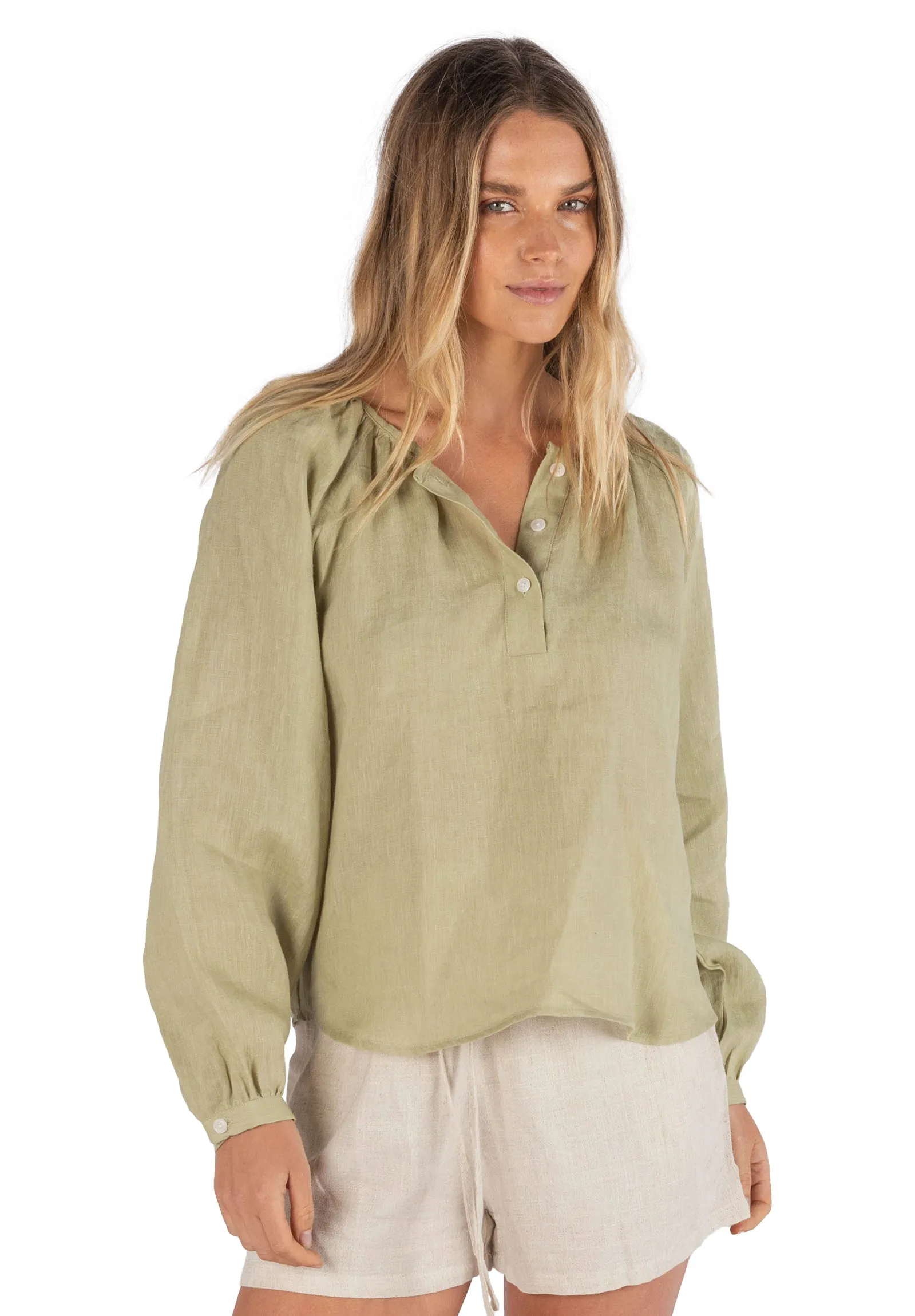 Poem Sage Green Peasant Linen Blouse