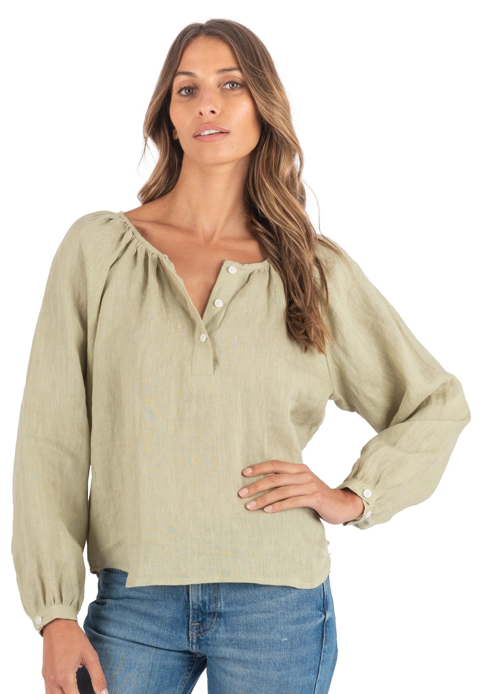 Poem Sage Green Peasant Linen Blouse