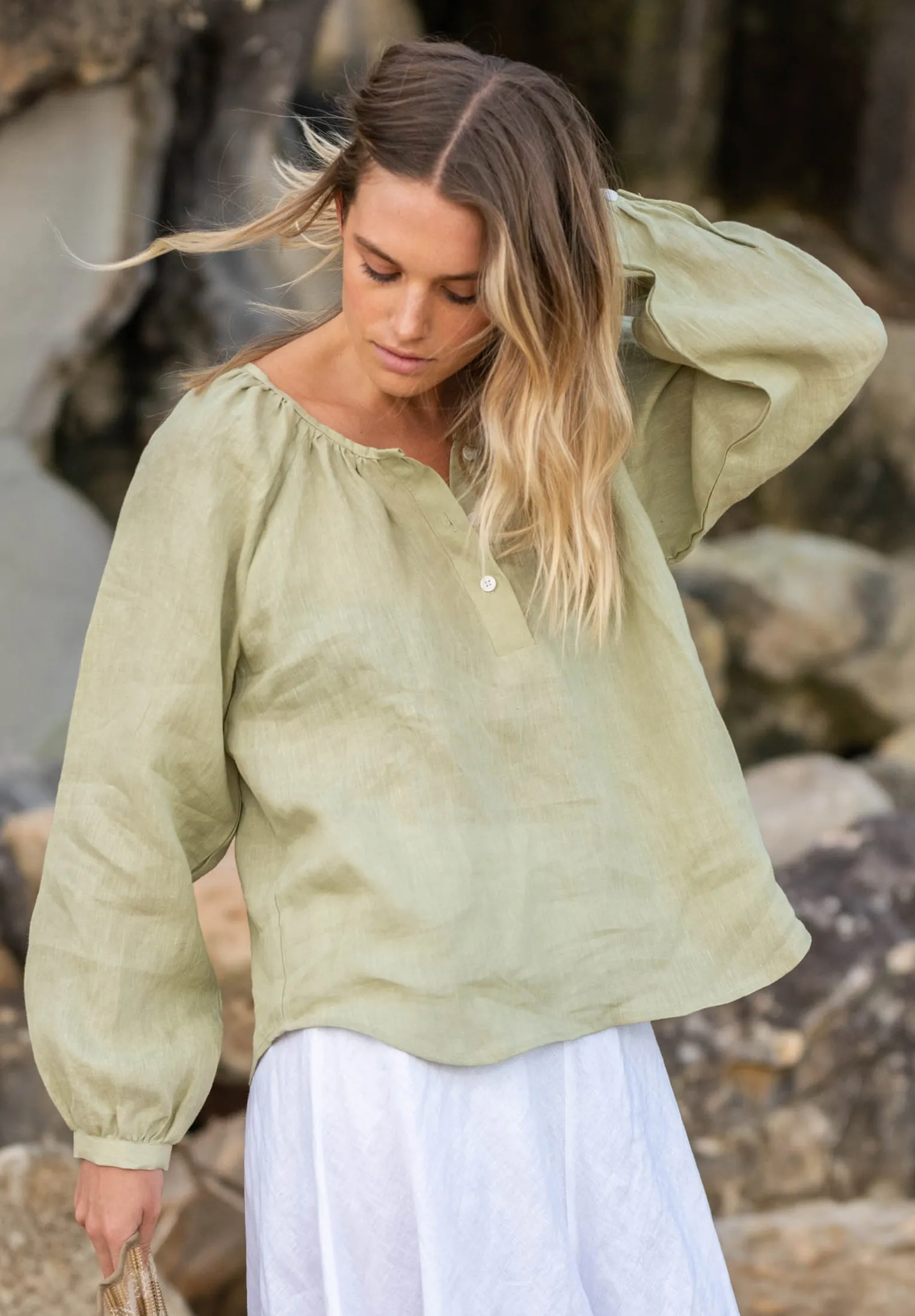 Poem Sage Green Peasant Linen Blouse