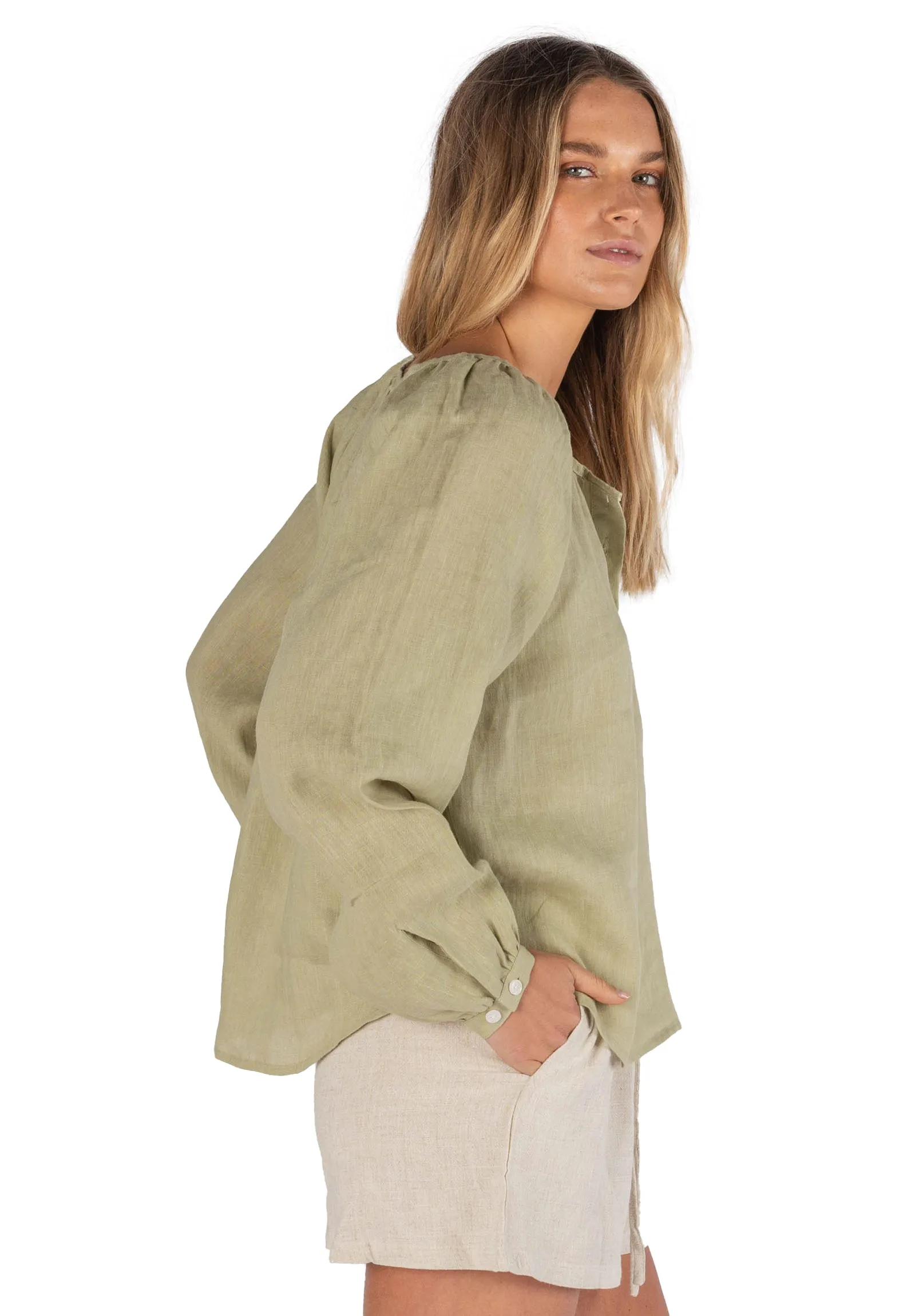 Poem Sage Green Peasant Linen Blouse