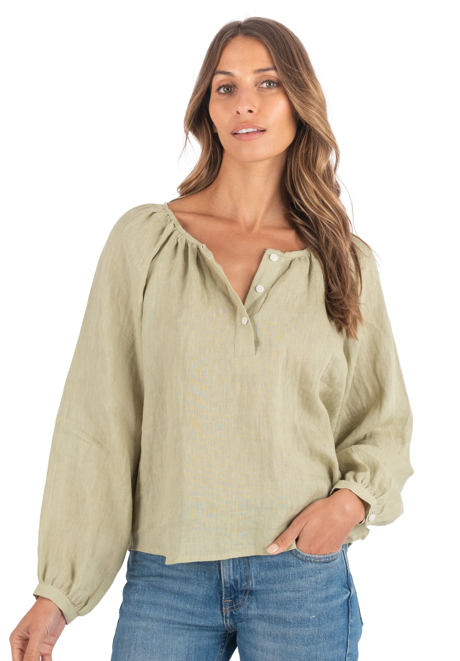 Poem Sage Green Peasant Linen Blouse