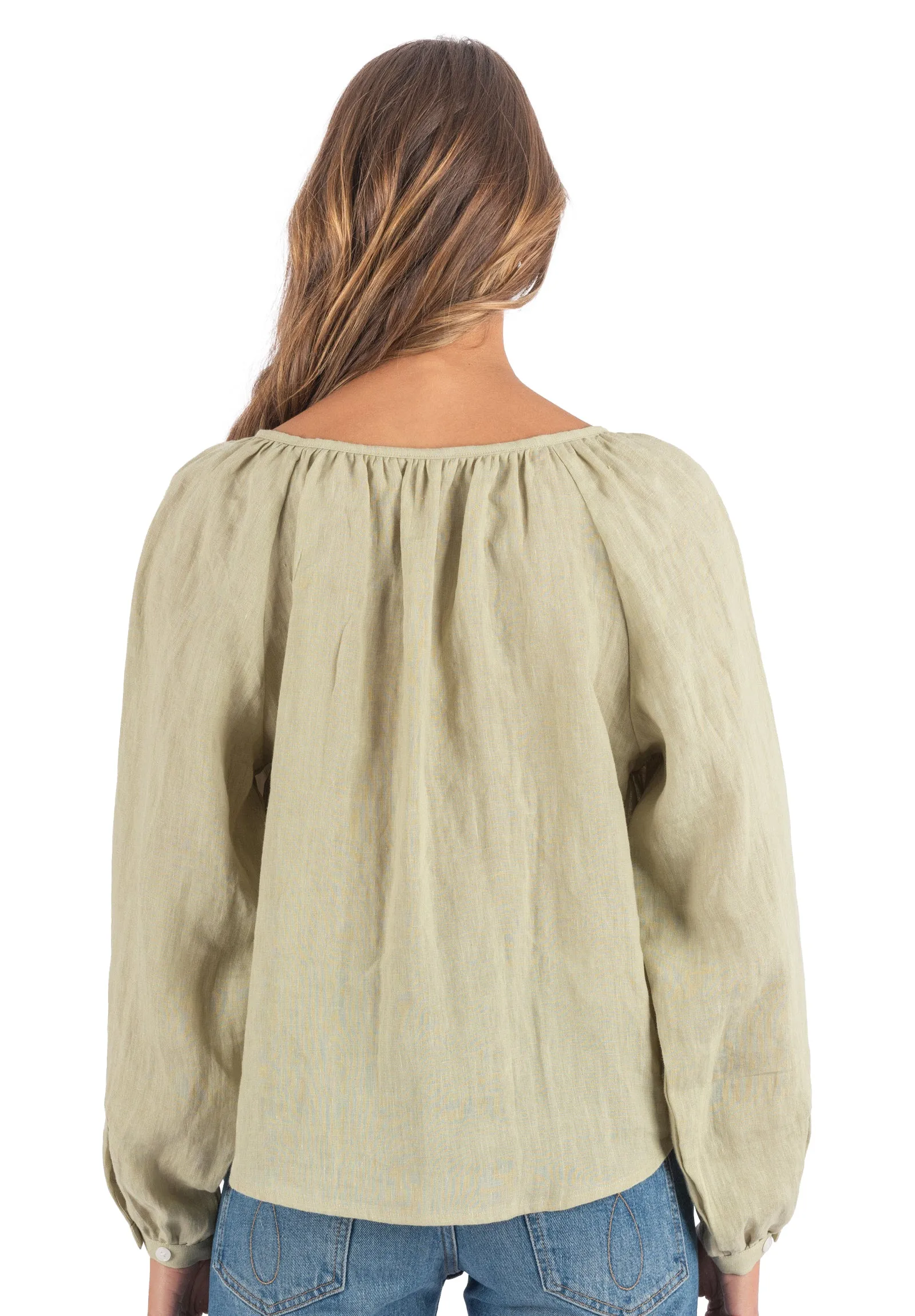 Poem Sage Green Peasant Linen Blouse